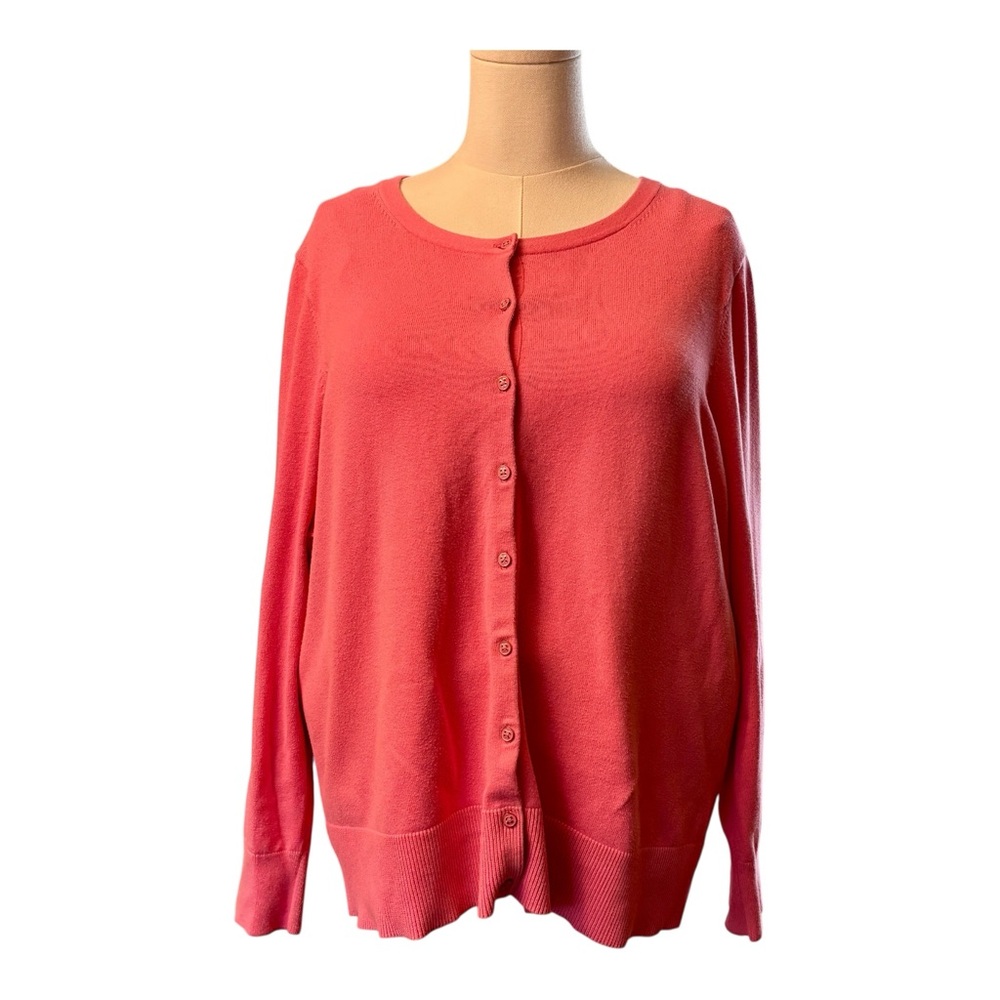 Lands' End 2X Sweater Cardigan Classic Elegant Pink Cotton Blend Button Front